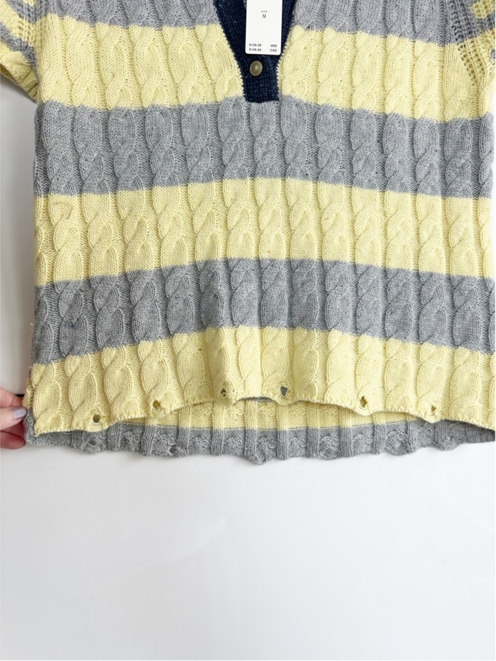 Pilcro Cable Knit Polo Sweater 90’s Inspired Gray Yellow Medium Cotton Wool - Picture 9 of 13